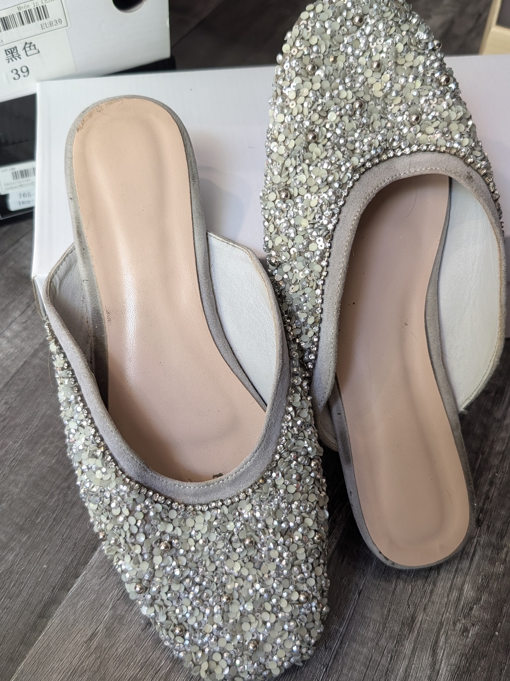 Embellished Slip-On Mules in Pale Silver
